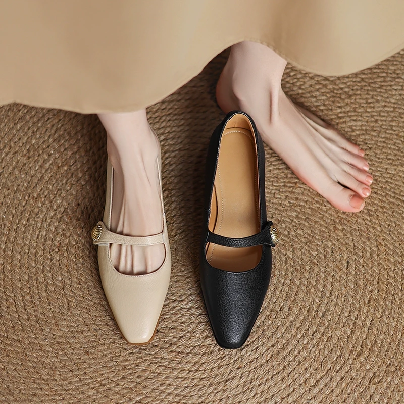 3cm 春秋尖头粗跟一字带浅口玛丽珍鞋学院风法式平底鞋百搭女单鞋