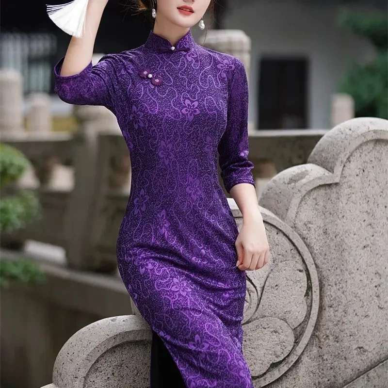 2025秋冬断码新款大码复古弹力亮丝双层中长款中袖旗袍大码旗袍DD