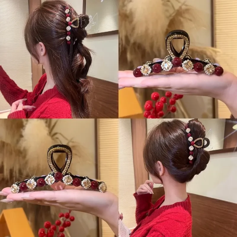 新年秋冬新款石榴珠珠方糖抓夹安哥拉红气质发卡鲨鱼夹马尾夹发饰