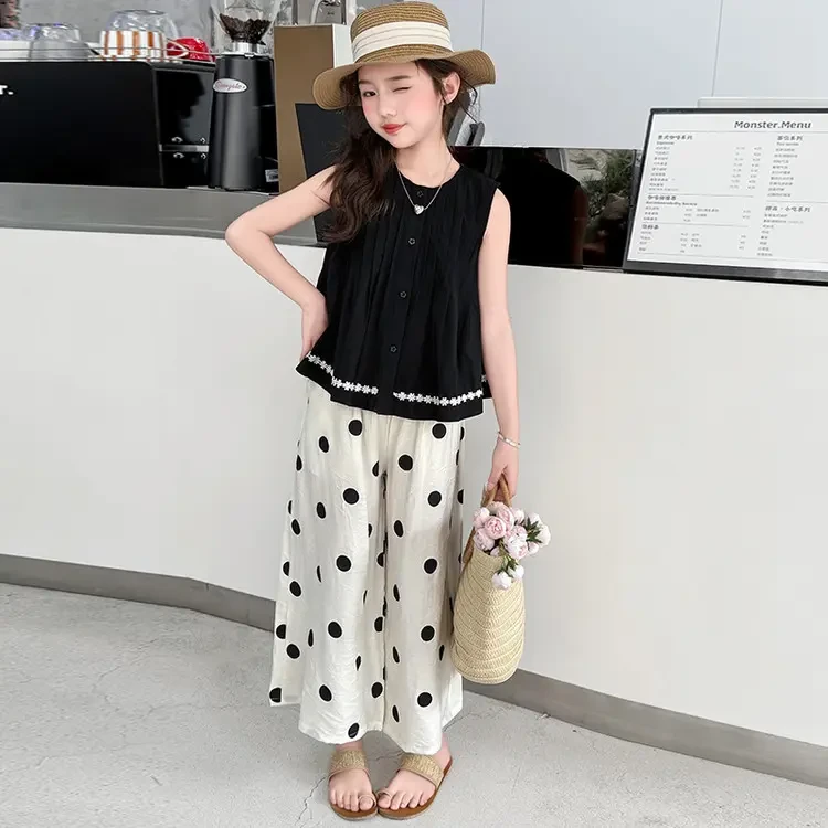 女童夏季套装2025韩版6-12岁15女孩大童时尚宽松无袖阔腿裤套装潮