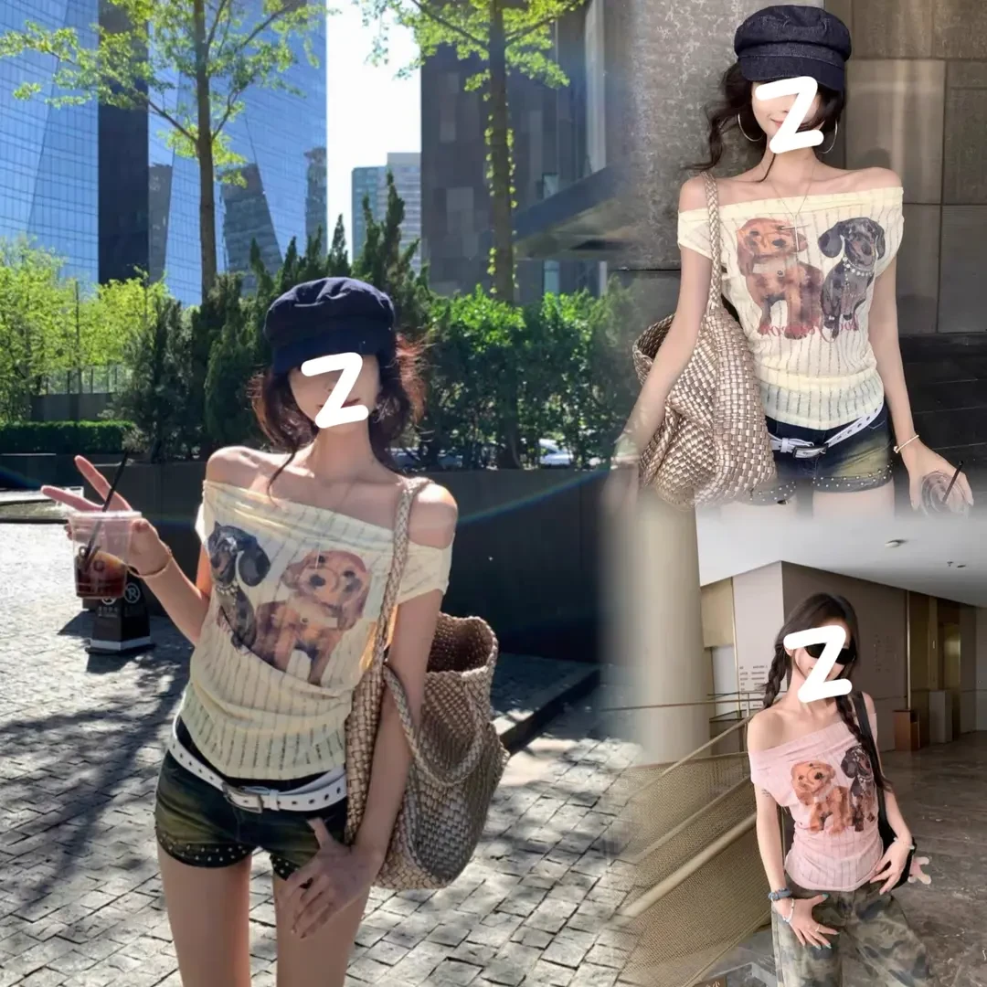 纯欲风一字肩小狗印花短袖T恤女 夏季修身显瘦凉感上衣女