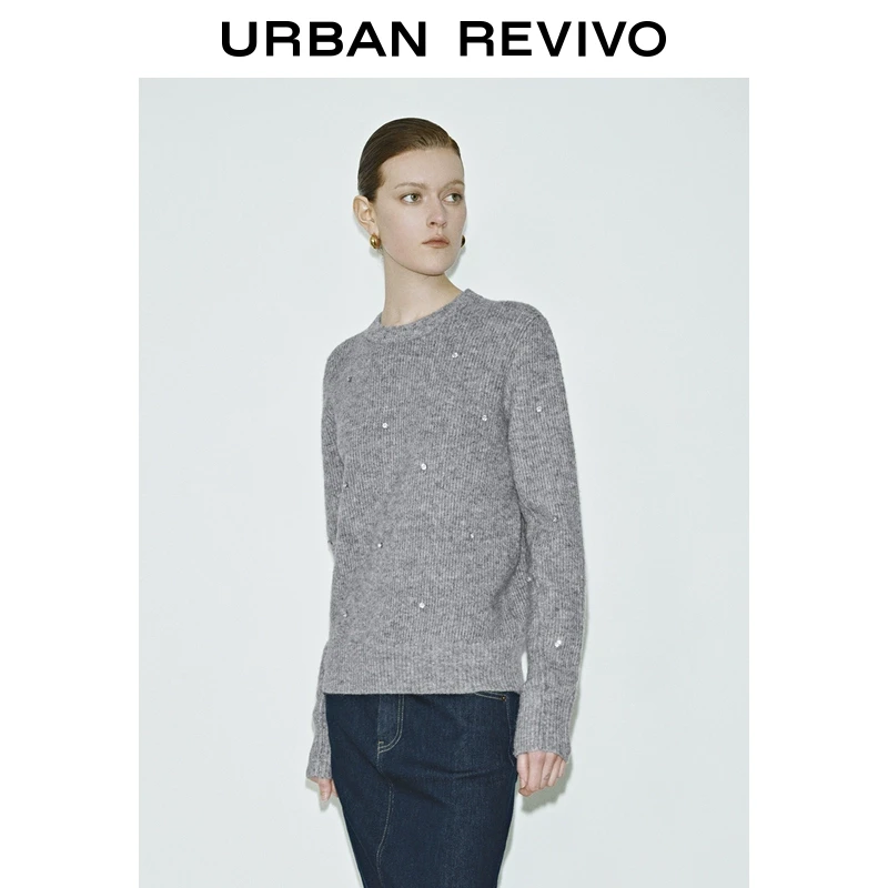 UR2025秋季新款女装简约休闲格雷系钻饰针织衫UWG950068