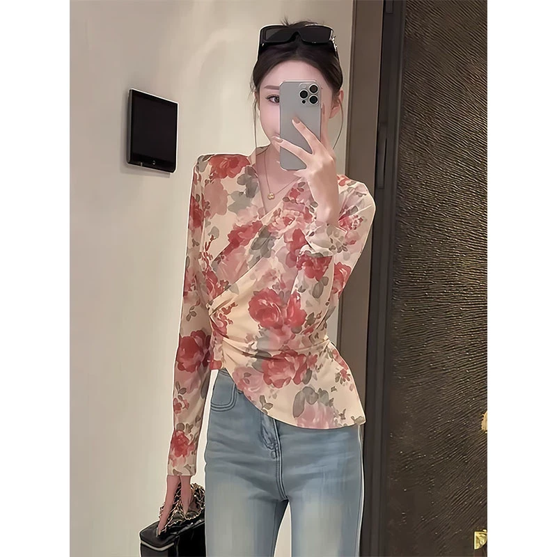 碎花长袖恤女新款春季薄款打底衫独特好看超收腰领网纱上衣
