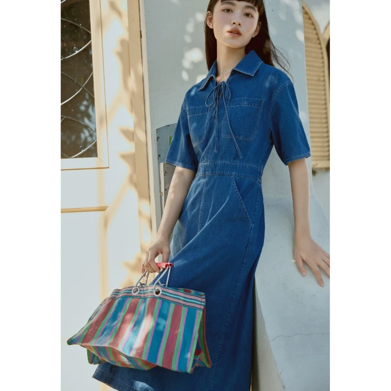【Fy】纯棉牛仔收腰系带短袖连衣裙2025春季新款专柜撤柜品牌女装