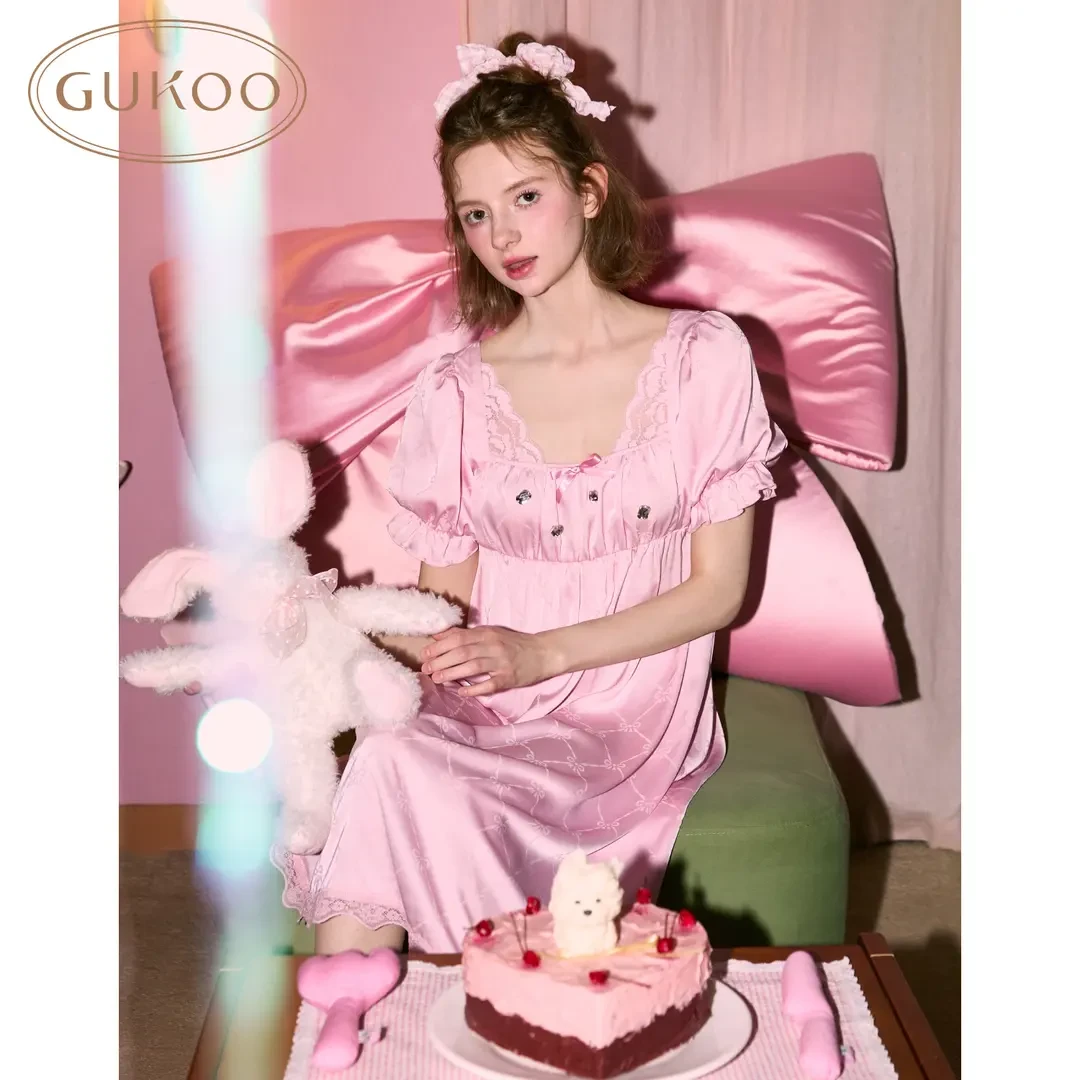 【Gukoo果壳】夏季蕾丝睡裙女泡泡袖甜美连衣裙女士家居服睡裙