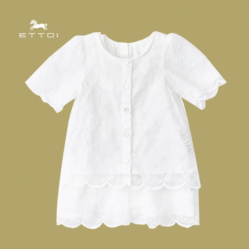 ETTOI爱多娃童装夏蕾丝短袖女童连衣裙高级感儿童礼