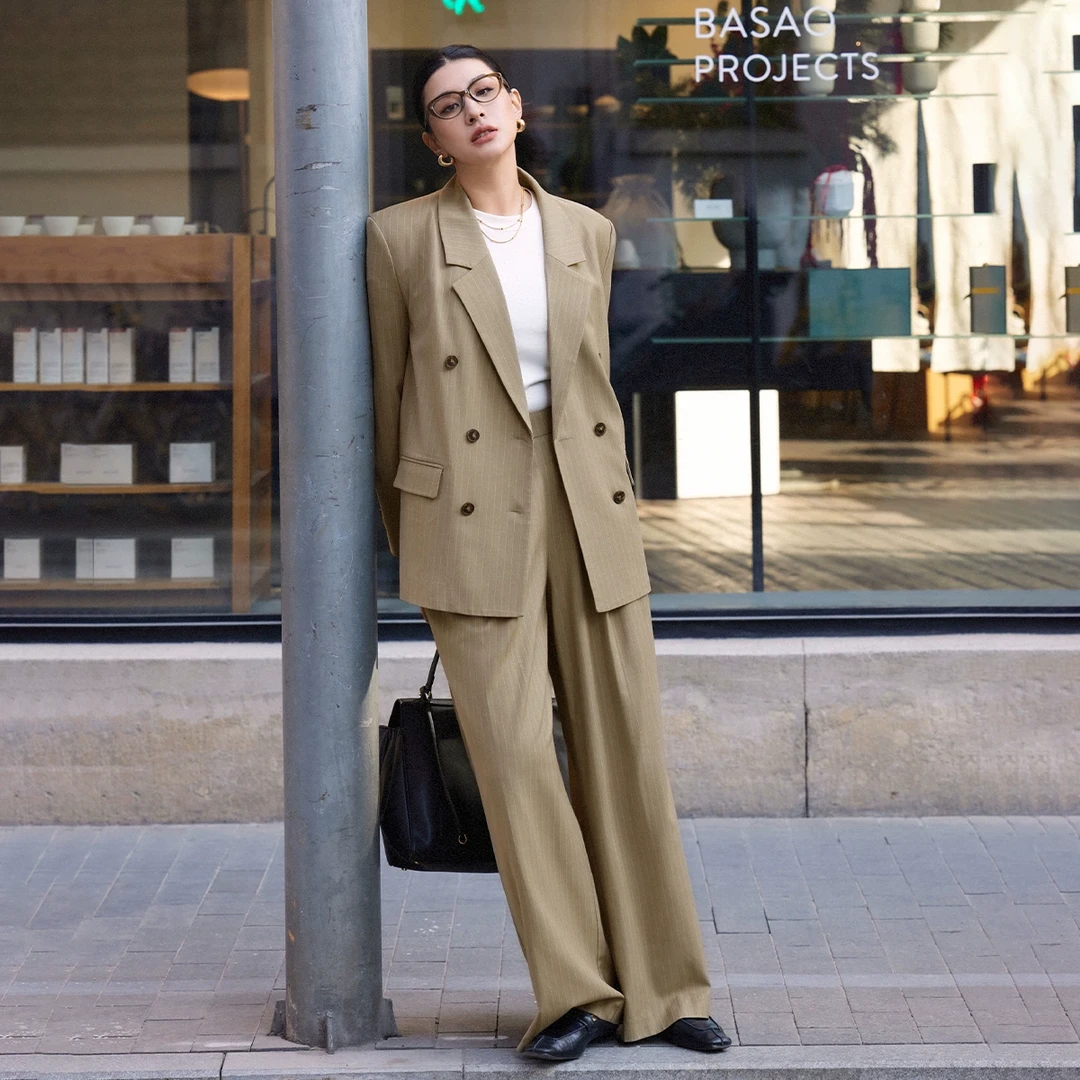 PLUSMALL 千木抹茶 TR羊毛混纺条纹气质通勤西装宽松阔腿裤套装