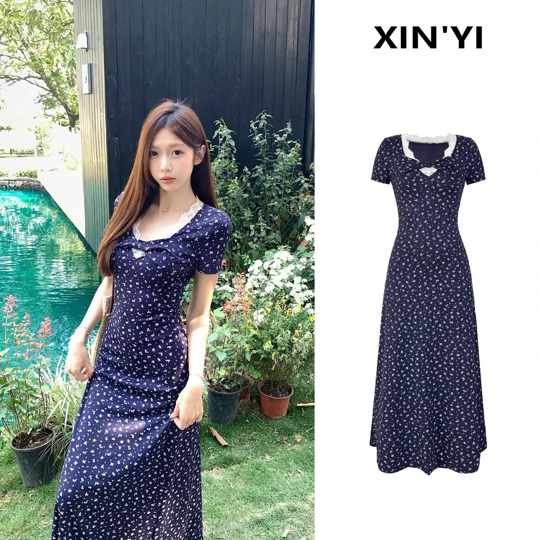 【春日梨泰院】韩版长款纯欲扭结碎花连衣裙长裙收腰显瘦裙C 8641#