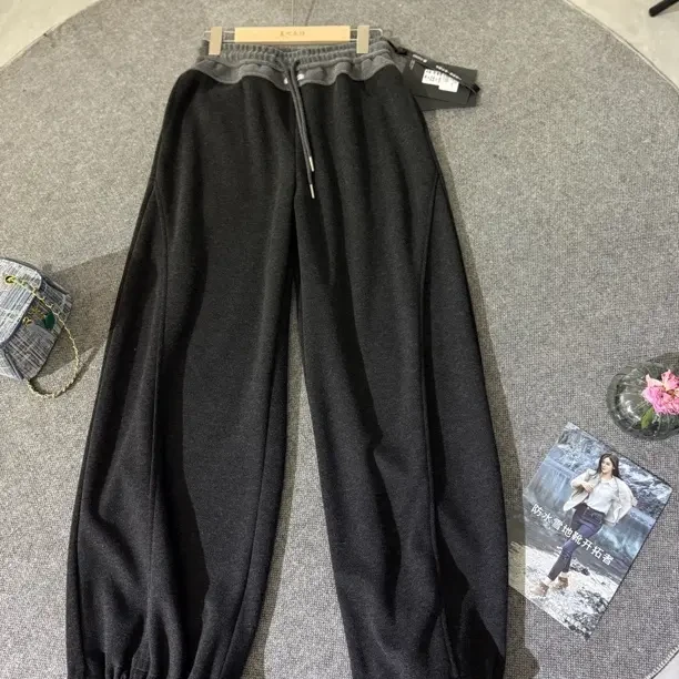 秋冬加绒拼接呢子弯刀裤高腰显瘦宽松运动休闲阔腿长裤