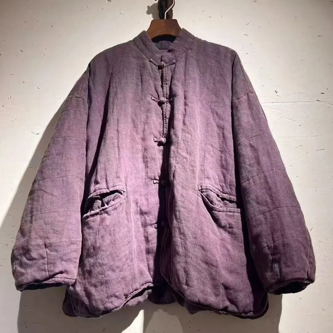 冬季复古宽松盘扣加厚短款麻料棉衣长度68