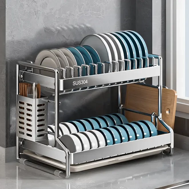禾枝加厚不锈钢碗碟收纳架厨房多功能置物架碗盘沥水架碗筷收纳盒