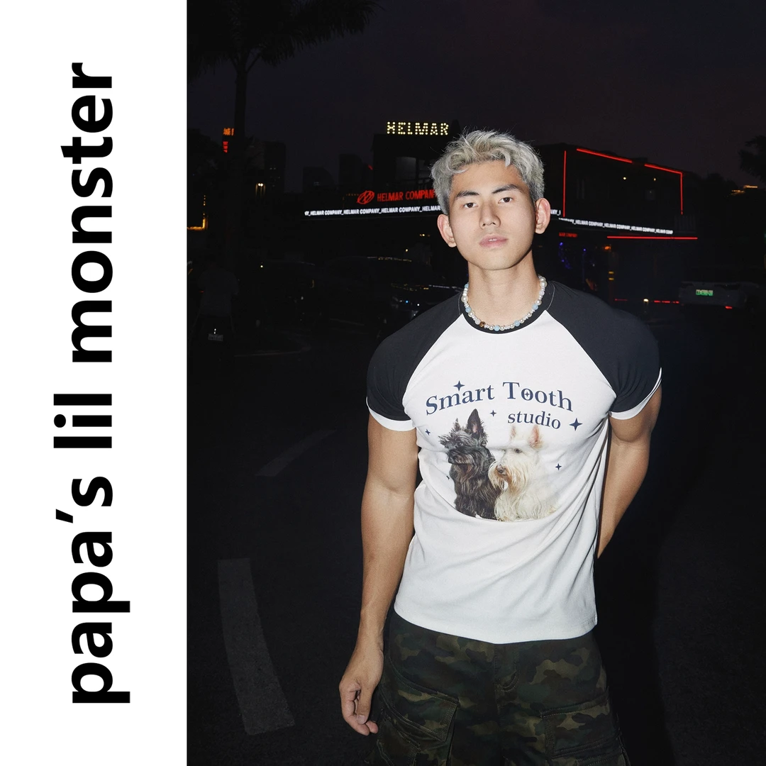 PAPASLILMONSTER美式复古撞色小狗正肩短袖T恤设计感休闲百搭上衣