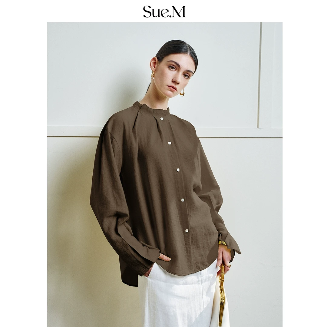 Sue.M 木耳边立领衬衫新款叠穿荷叶边宽松长袖女士衬衣外搭显瘦新