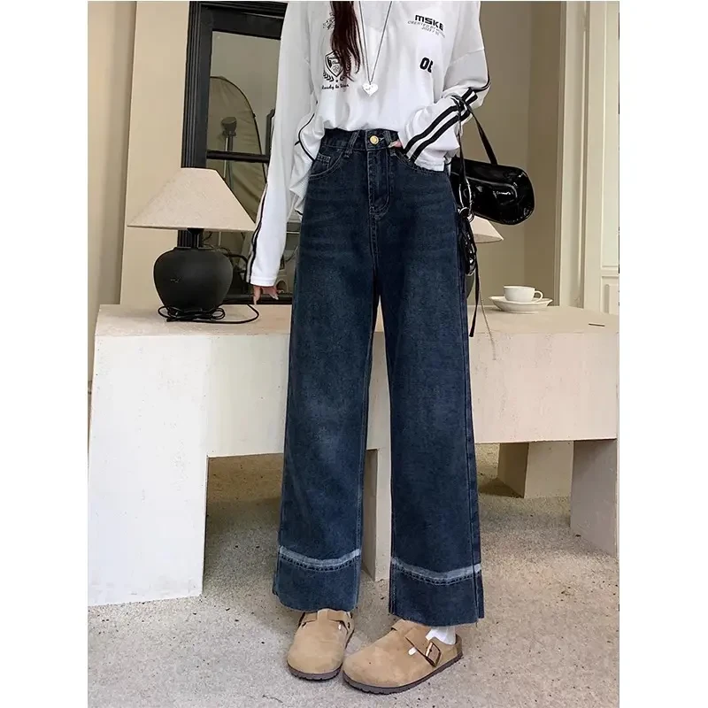 阔腿牛仔裤女秋季新款高腰大码梨形身材窄版宽松显瘦九分裤