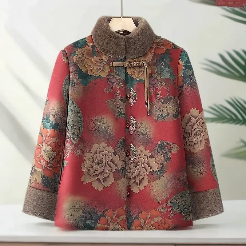 新中式加绒加厚棉服洋气奶奶装中老年人女宽松棉袄妈妈装保暖棉衣