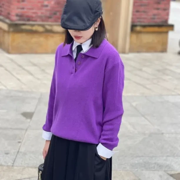 【俪妍】针织衫女POLO领长袖针织衫打底衫