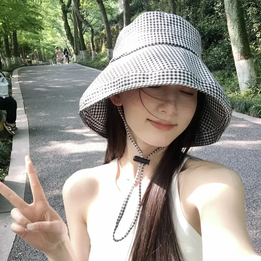 千鸟格渔夫帽女夏季大帽檐透气帽子新款防晒遮阳帽防紫外线太阳帽