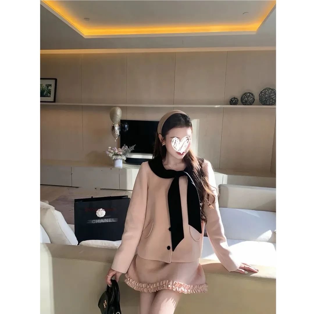 海德堡甜美蜜桃粉毛呢大衣+温柔显瘦半身裙新款时尚两件套女装潮