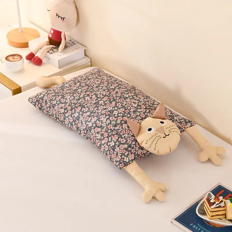 哇猫咪全棉双层纱荞麦壳枕头单只装儿童纯棉低枕芯学生单人可拆卸