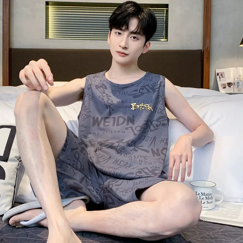 100%纯棉男睡衣夏季薄款背心短裤男士全棉家居服夏天大码无袖套装