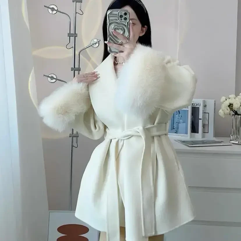 短款青果领狐狸毛双面羊毛大衣女中长款慵懒风高级感双面羊绒外套