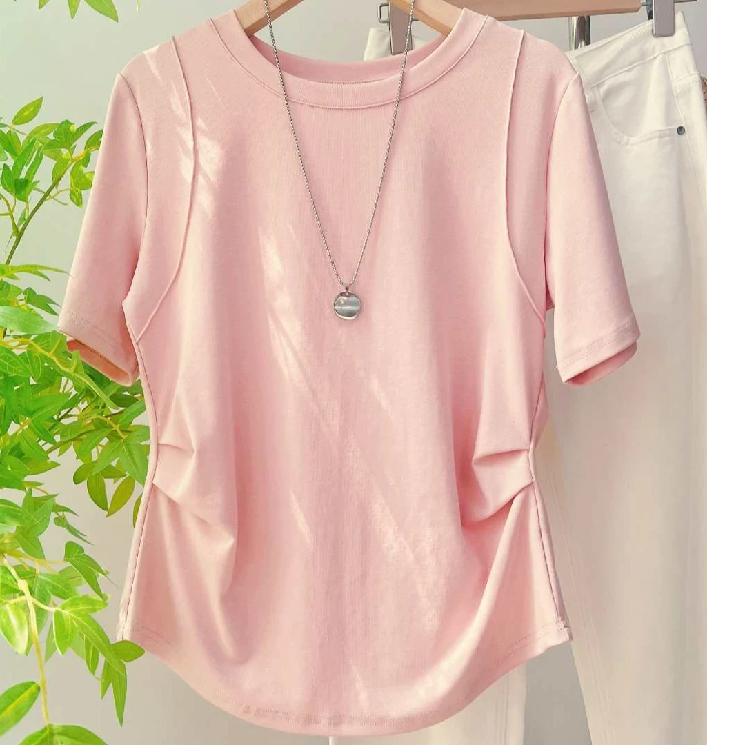 设计感褶皱正肩圆领上衣纯色双收腰显瘦2025夏季新款短袖T恤女潮