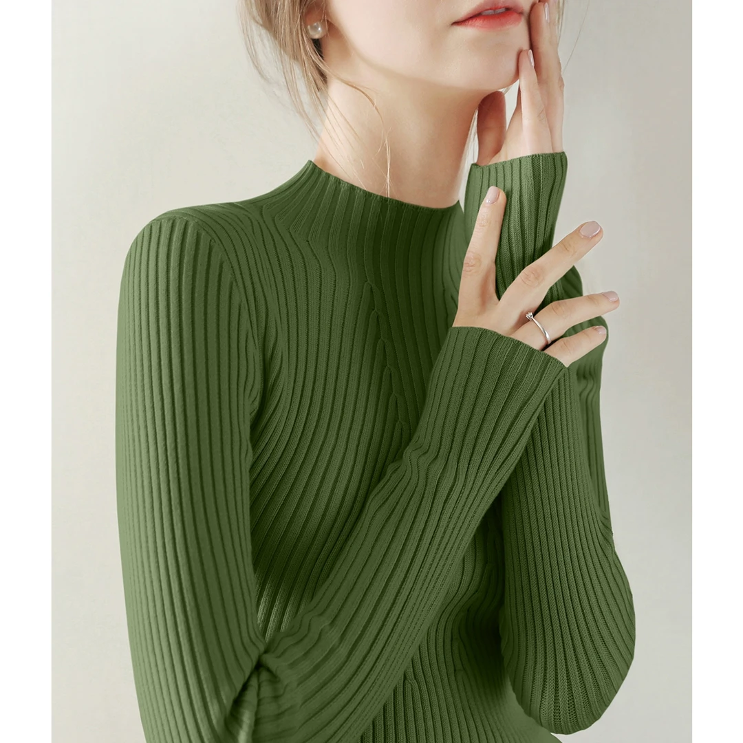 半高领时尚冬季厚款修身毛衣针织衫2024年长袖坑条设计内搭女打底