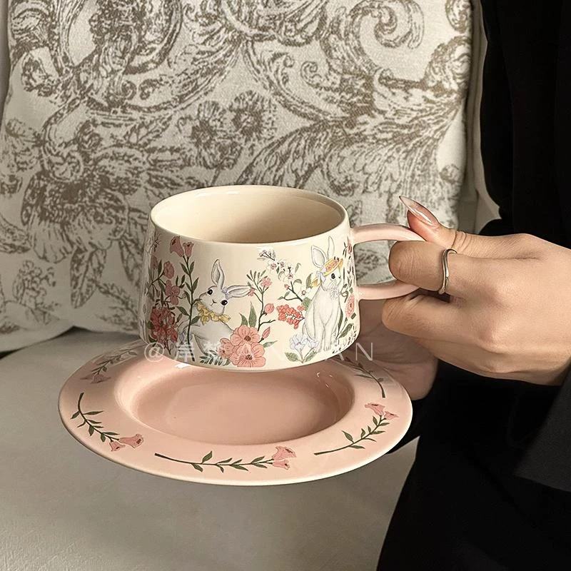 插画手绘风高级感陶瓷杯碟花间兔冲咖啡红茶下午茶马克杯送人礼物