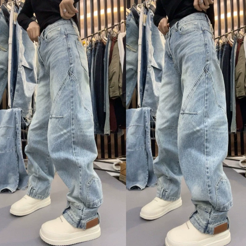 早春欧货新款倒腰设计浅蓝色水洗弯刀牛仔裤女2025长裤宽松裤子