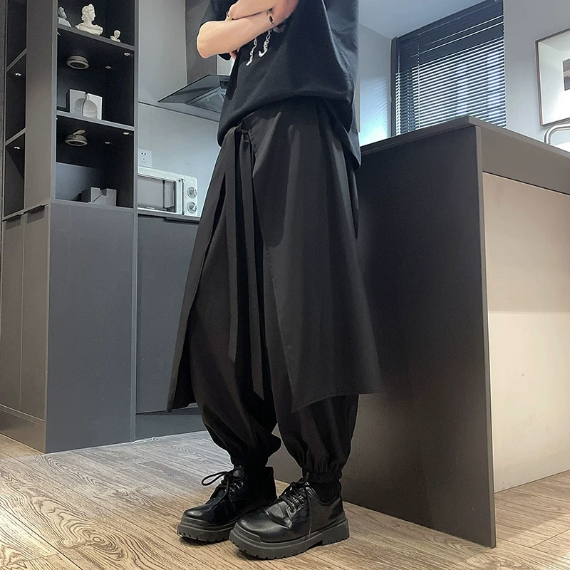 国潮暗黑系机能风束脚裤男士拼接假两件裙裤山本风新中式武士裤潮