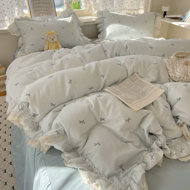 韩版网红蓝色蝴蝶结双层纱被罩床上四件套加厚柔软被套床单品