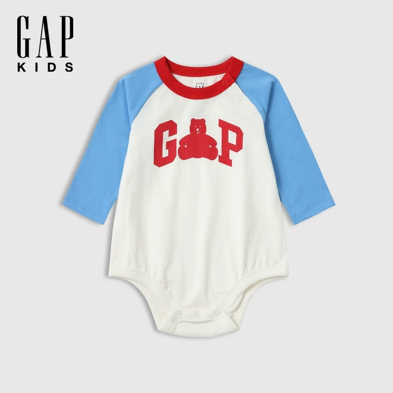 Gap婴儿2025春季新款纯棉小熊印花logo撞色连体衣儿童装DR 687241