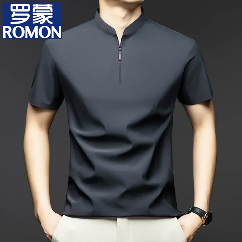罗蒙男士短袖T恤夏季锦氨薄款冰丝半拉链立领免烫汗衫男休闲小衫