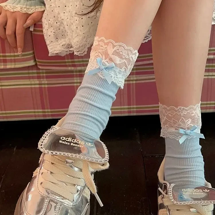 新款芭蕾风蕾丝袜子女中筒春夏薄款蝴蝶结堆堆长袜miu系中筒袜LQ