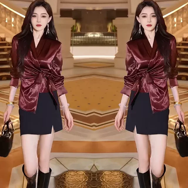 2024法式气质时尚冬季新款洋气高级感穿搭绑带收腰衬衫上衣+短裙