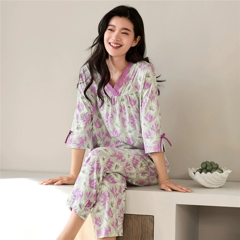 秋鹿【超柔】莫代尔25春夏季新款睡衣女印花V领七分袖家居服套装