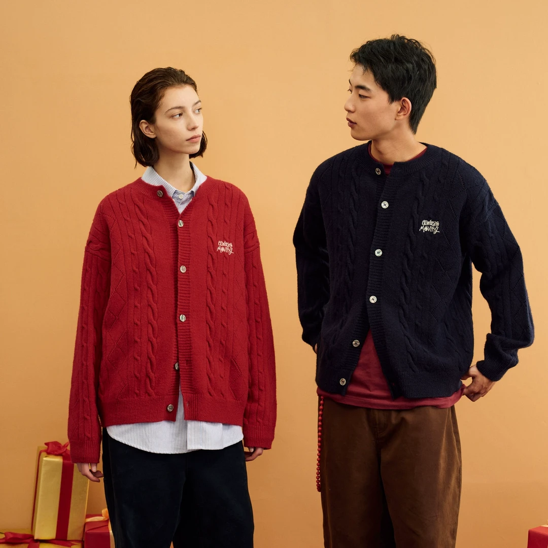 FPA绞花圆领开衫毛衣春季欧若智性风潮牌宽松情侣学院休闲针织衫