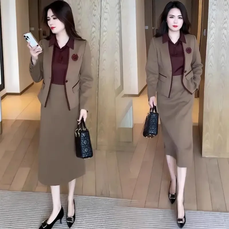 时尚职业套装女士春秋新款洋气西服外套拼接连衣裙气质优雅两件套