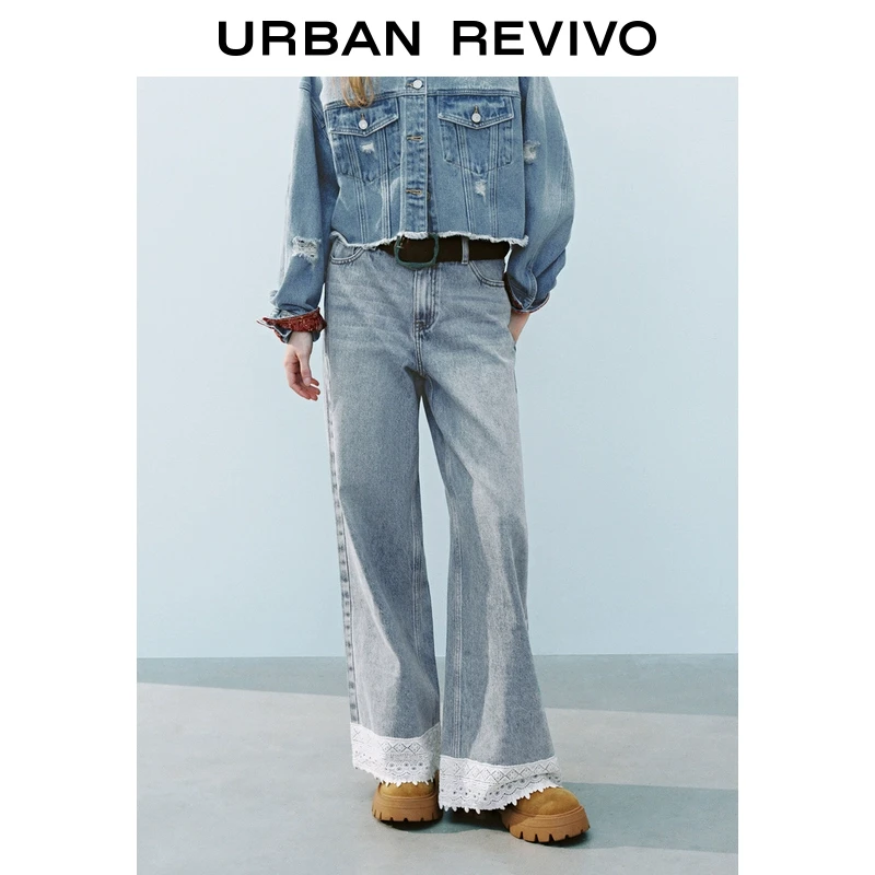 UR2025秋季新款女装轻芭蕾休闲风拼接蕾丝牛仔长裤UYL850013