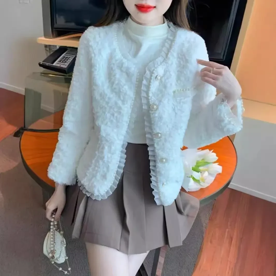 小香风外套女秋冬气质网红短款韩系高质感蕾丝珠边仿外套上衣