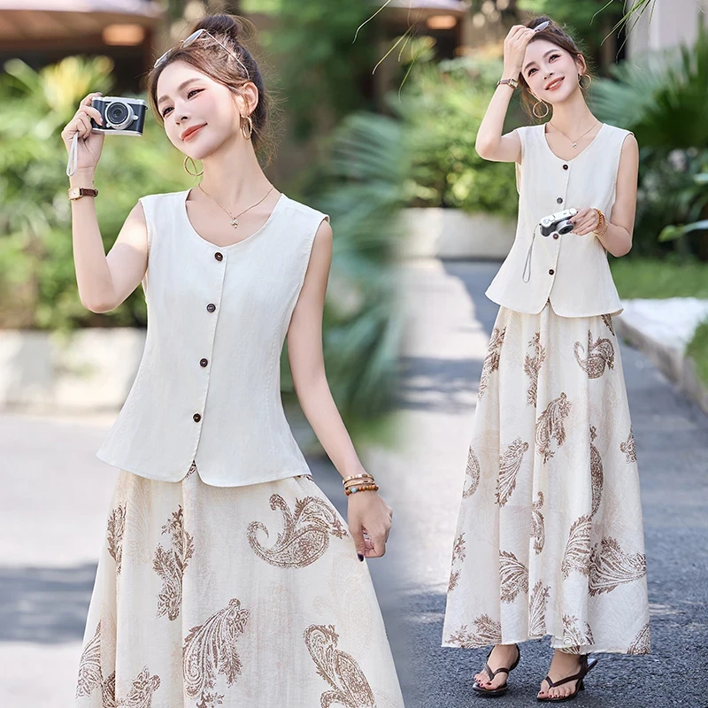 法式气质马甲印花套装女2025夏季新款松弛感休闲时尚半身裙两件套