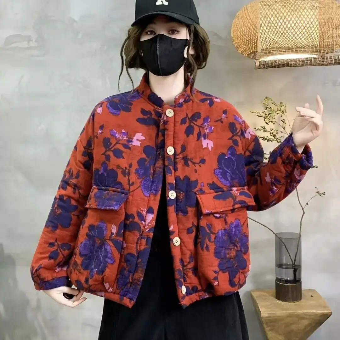 ＃6207冬季新款宽松大码复古休闲时尚百搭气质加厚碎花棉服外套