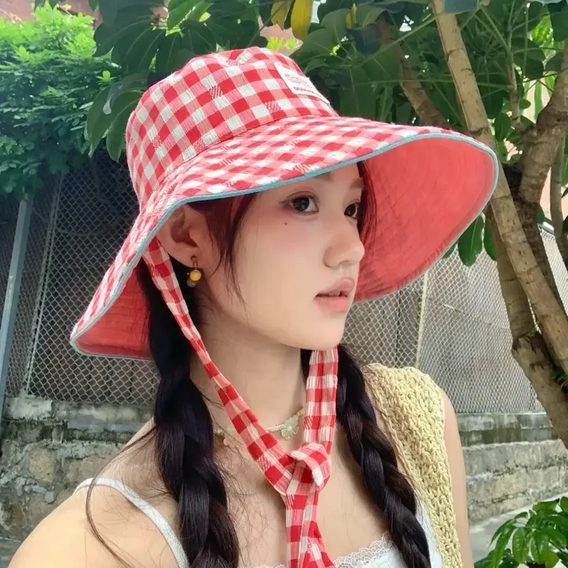 高货！n-是双面戴的！【水果乐园】女款户外韩版格子渔夫帽帽子大帽檐