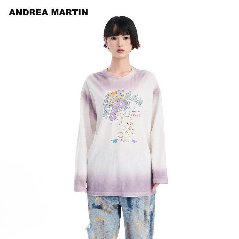Andrea Martin2025春夏新款喷色兔子T恤防晒长袖女宽松休闲上衣
