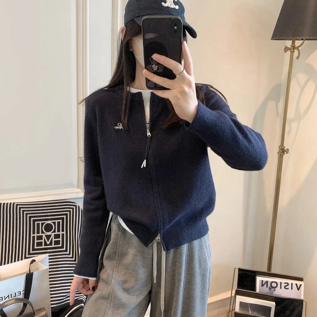 053秋冬新款韩系慵懒风双拉链加厚针织开衫女时尚内搭