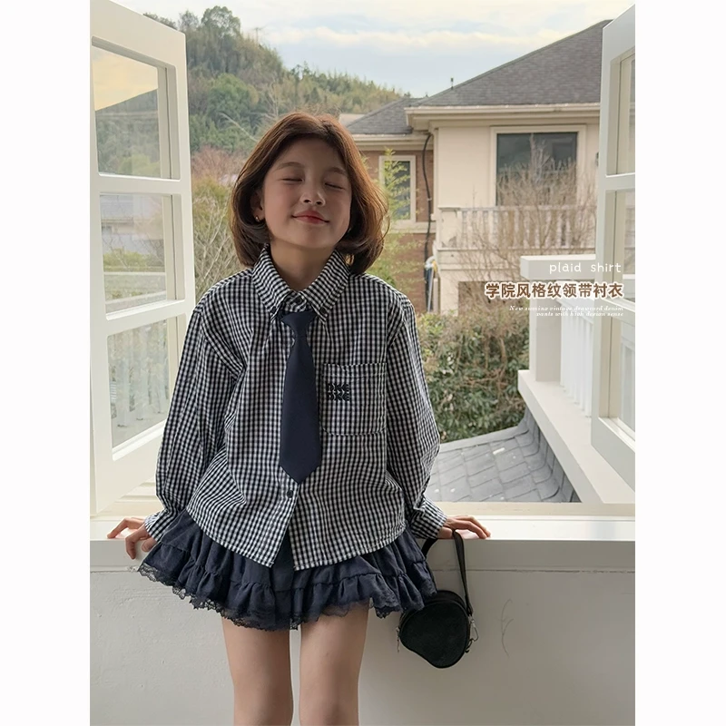 咸蛋小虾米童装2025年春装新款韩国女童学院风格子衬衫+领带