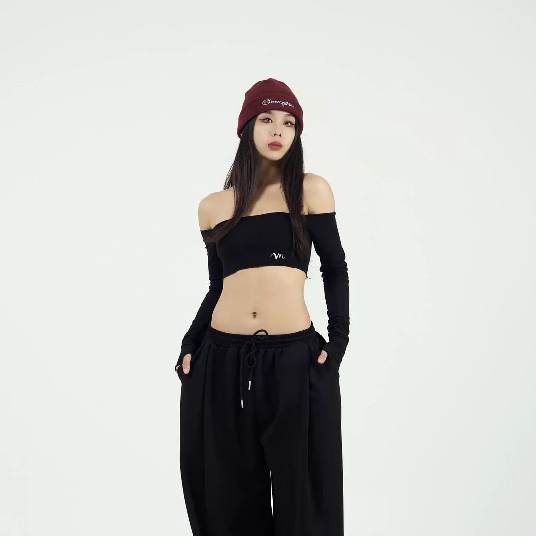 MengM 爵士舒适透气显瘦背心紧身一字领上衣性感显瘦长袖女装