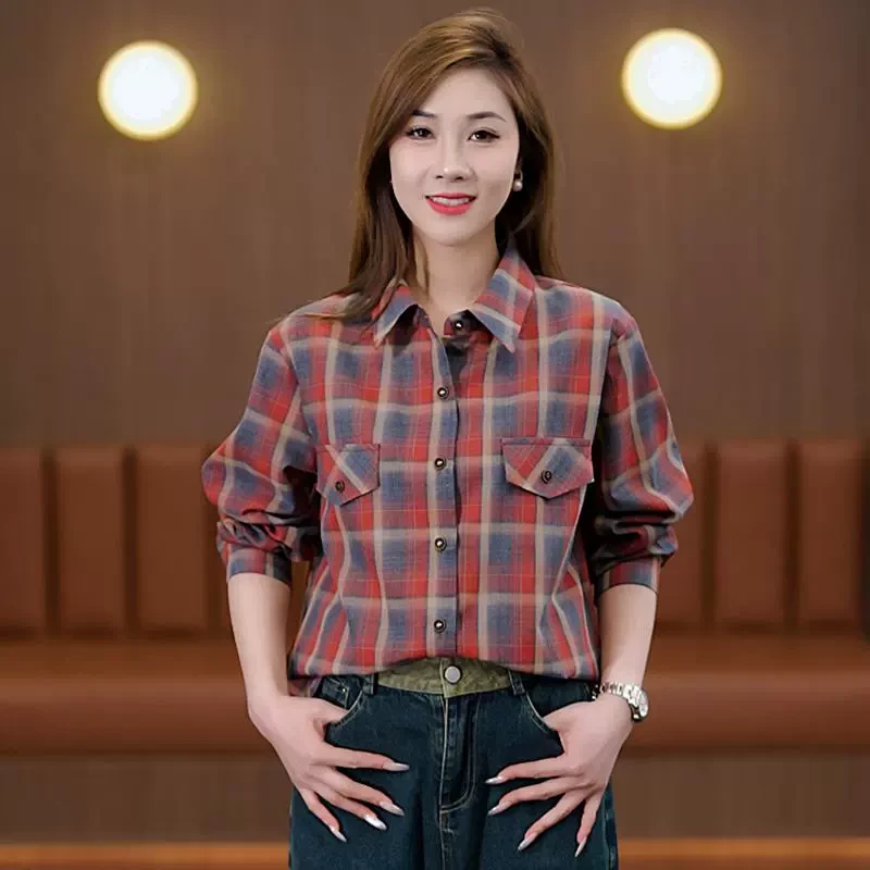 复古气质红棕色格子长袖衬衫女早秋2025新款宽松休闲百搭通勤衬衣