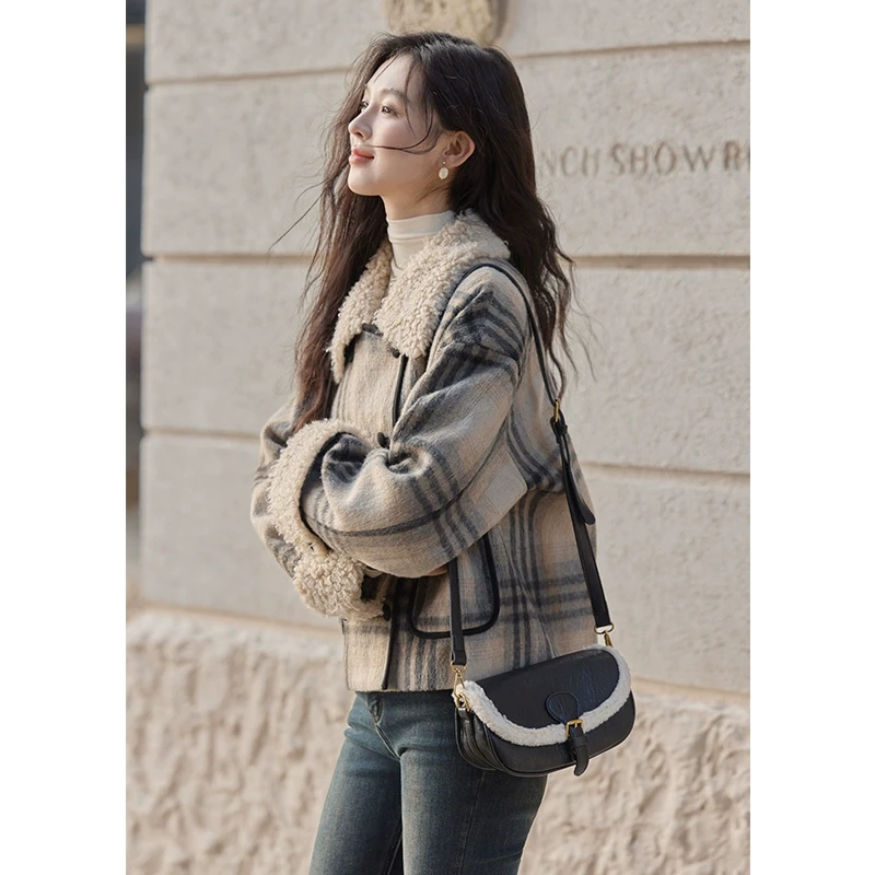 【直播专属】谜秀毛呢外套韩版复古格子宽松呢子大衣MXD56W0536