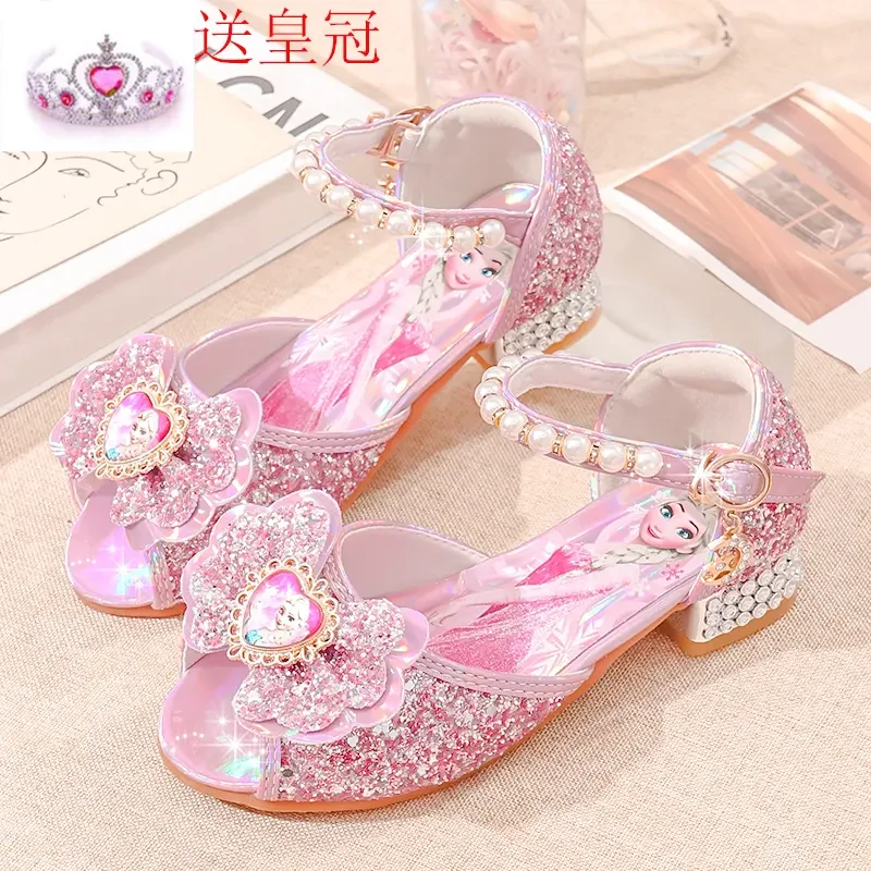 爱莎女童高跟凉鞋2025夏季新款小女孩公主鞋冰雪奇缘儿童水晶凉鞋